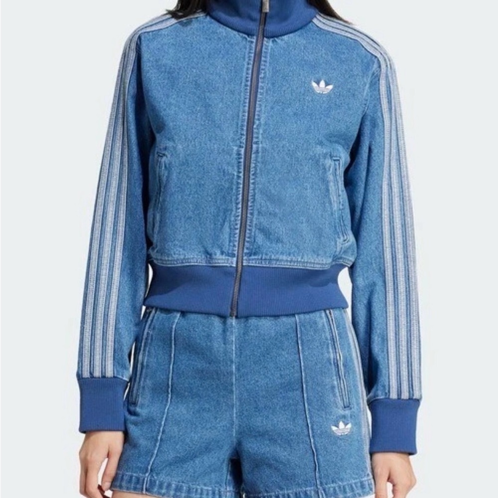 Adidas Blue Jean Jacket with Trefoil Logo and Three Stripes